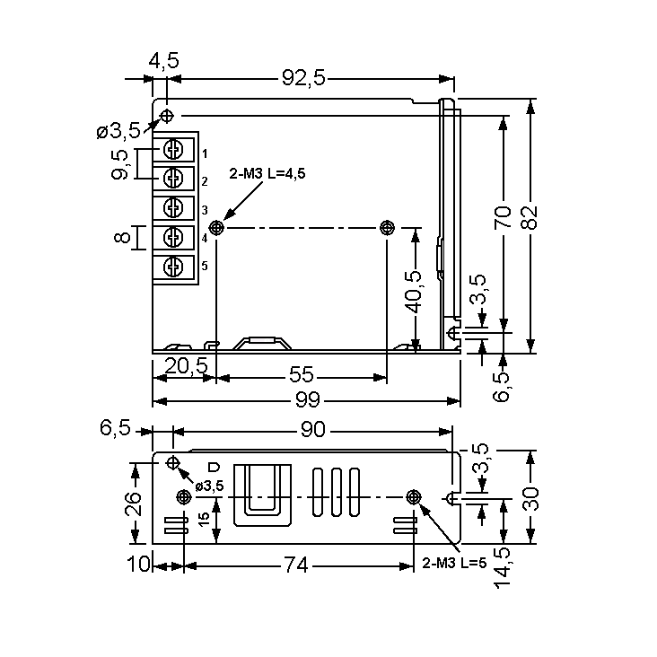 Kích thước Mean Well LRS-50-15